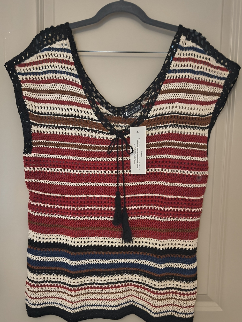 Striped Crochet Knit Tunic Top with Tassel Tie - Red, Cream & Navy